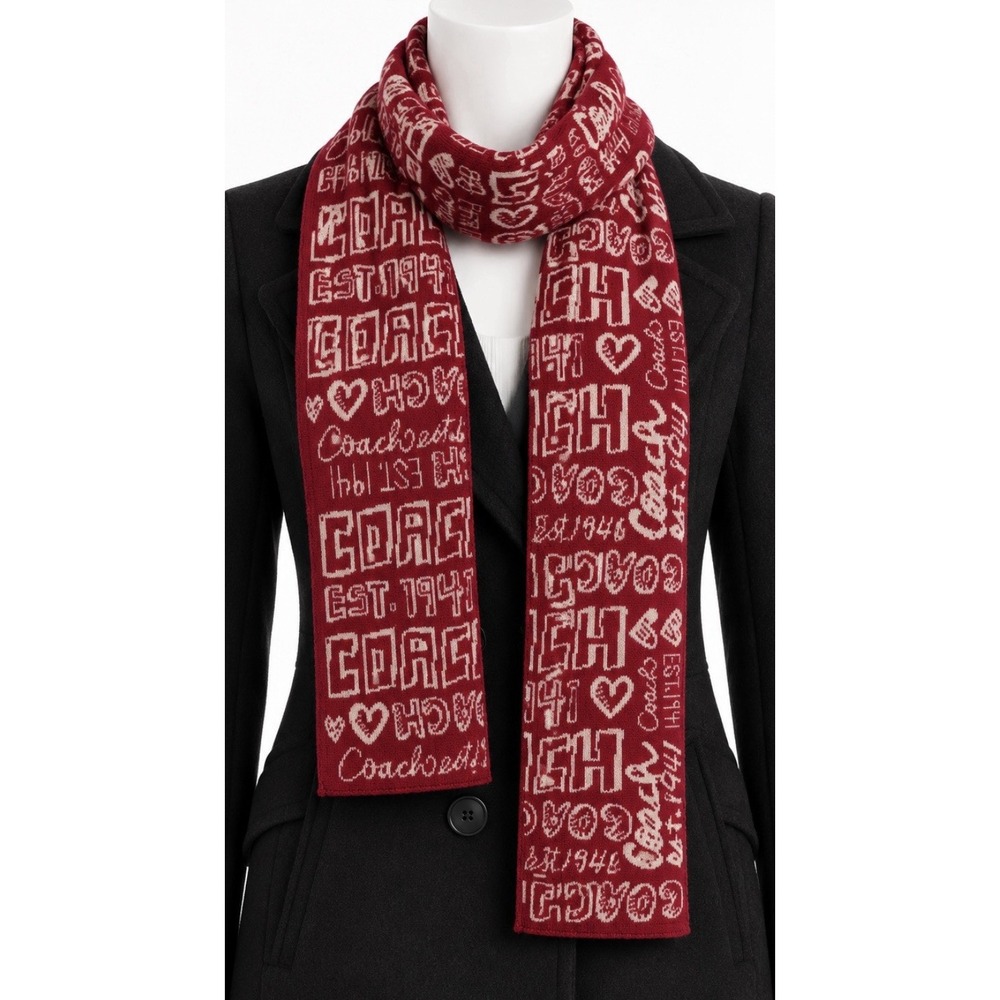 COACH Women's Wool Red White Scarf 6 1/2in x 60in Coach Logo Preppy Luxury